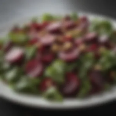 A colorful salad featuring beets, greens, and nuts, emphasizing dietary options