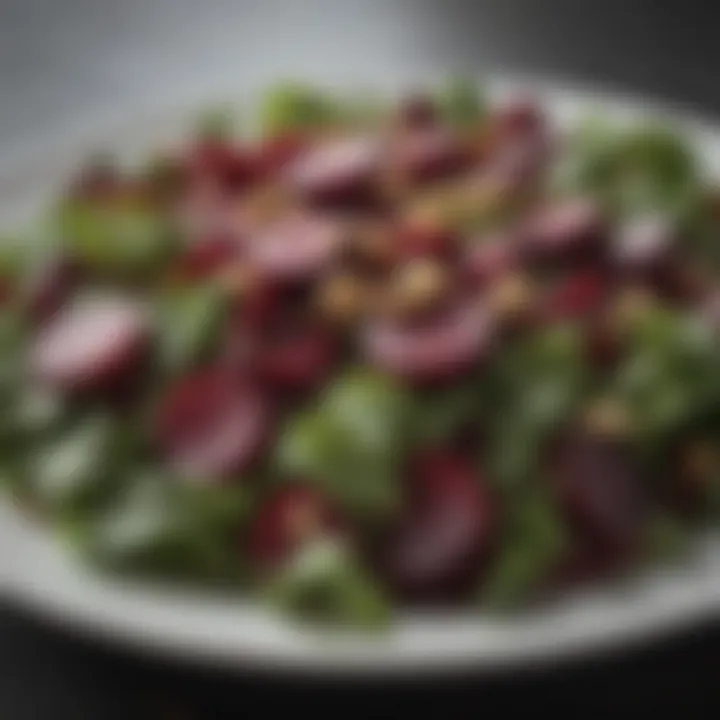 A colorful salad featuring beets, greens, and nuts, emphasizing dietary options