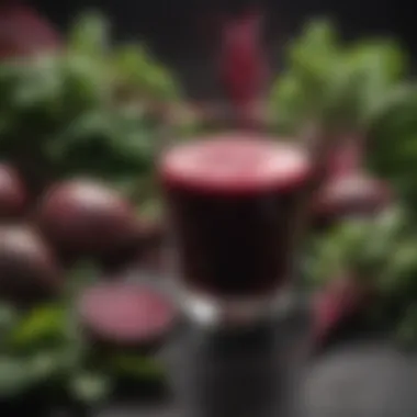 Fresh beets and their greens beside a glass of beet juice