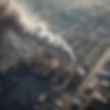 Aerial view of industrial area with smoke emissions