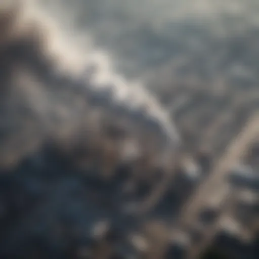Aerial view of industrial area with smoke emissions