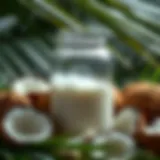 Coconut oil in a glass jar surrounded by coconuts