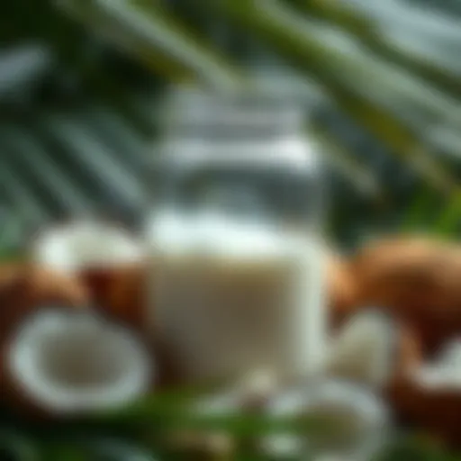 Coconut oil in a glass jar surrounded by coconuts