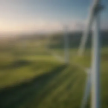 Wind turbines spinning in a green landscape, symbolizing renewable energy production.