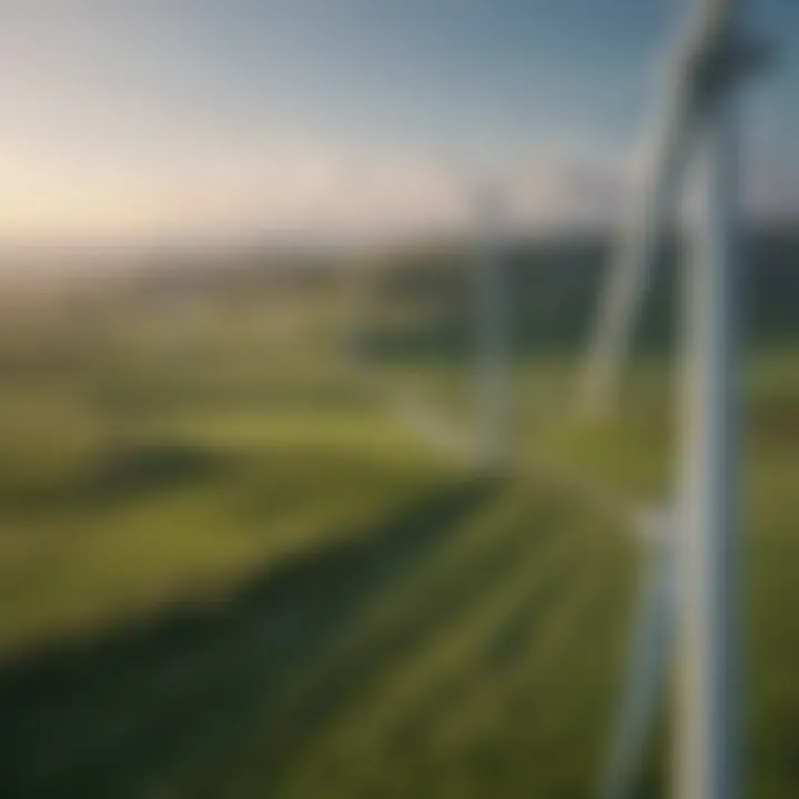 Wind turbines spinning in a green landscape, symbolizing renewable energy production.
