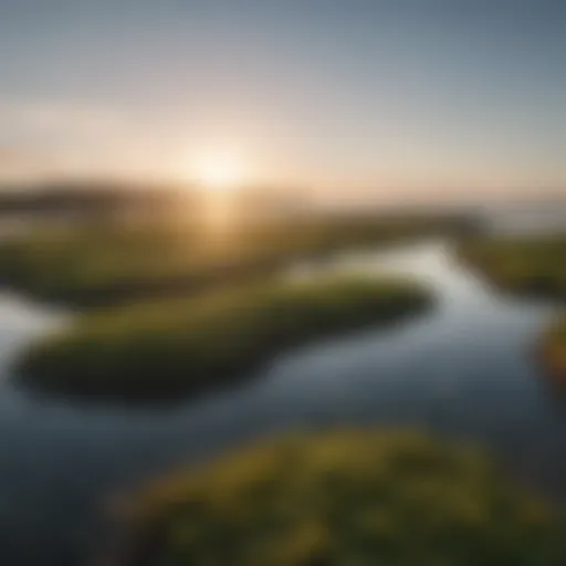 A serene coastal landscape showcasing vibrant seaweed farms