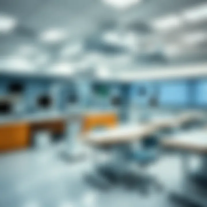 An educational setting featuring a modern classroom with medical training equipment