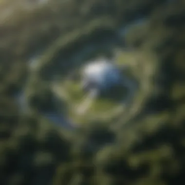 Aerial view of a wildlife research center surrounded by lush landscapes