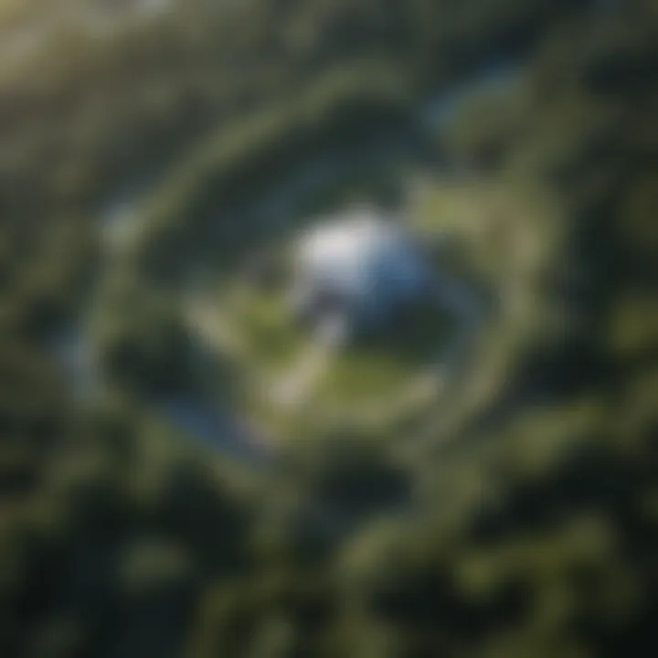 Aerial view of a wildlife research center surrounded by lush landscapes