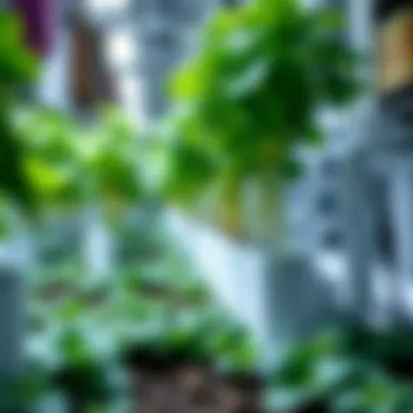 Healthy plants thriving in a hydroponic setup with visible water filtration