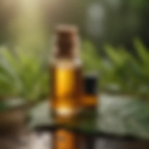 A close-up of a bottle of essential oil with a tick on a leaf