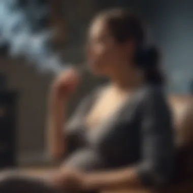 A pregnant woman sitting in a smoke-filled environment, highlighting the risks of secondhand smoke.