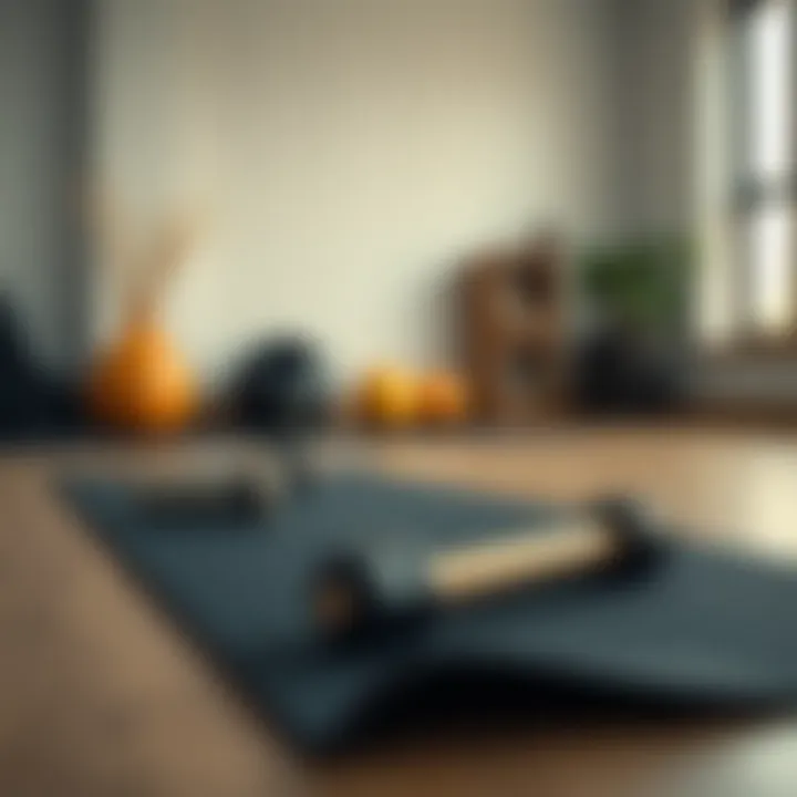 A serene environment showcasing a yoga mat and light weights