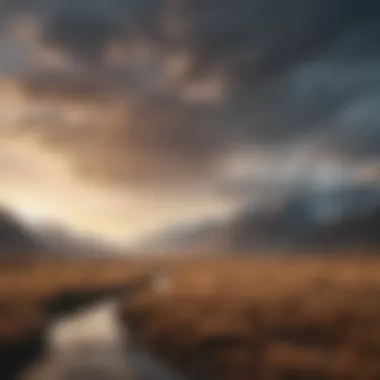 A serene landscape showing a flock of birds in flight during migration season