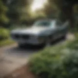 Classic muscle car urn displayed in a serene garden setting