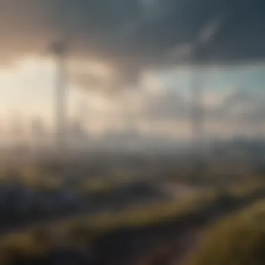 Urban skyline with renewable energy sources like wind turbines