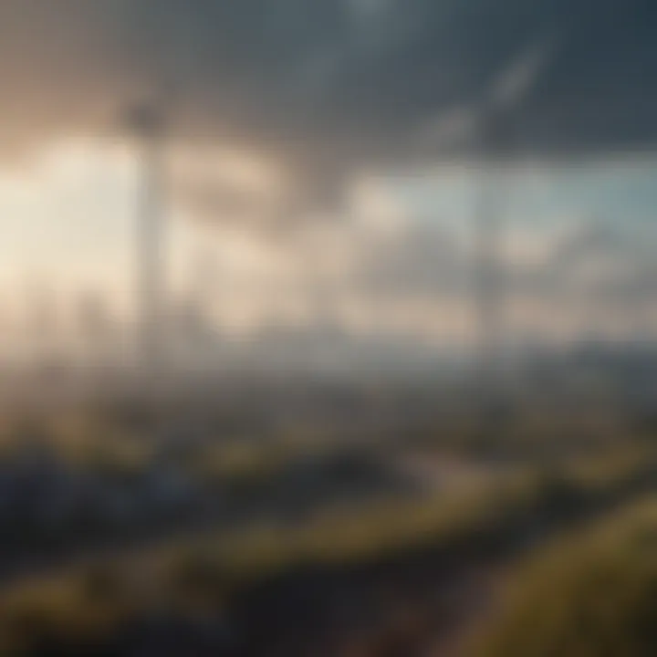 Urban skyline with renewable energy sources like wind turbines