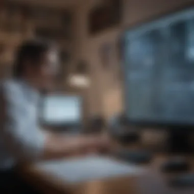 A researcher analyzing data on a computer with multiple articles spread across the desk.