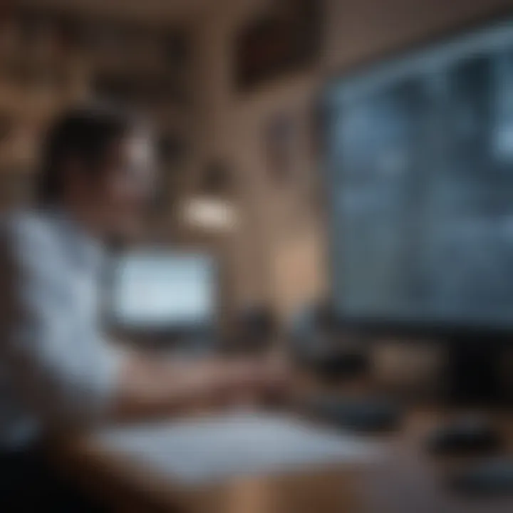 A researcher analyzing data on a computer with multiple articles spread across the desk.