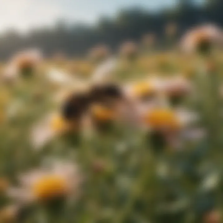 Close-up of bees pollinating a flower in an agricultural field