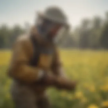A farmer applying bee-safe pesticides in a lush crop field