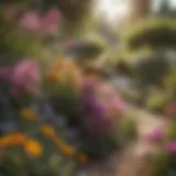 A vibrant garden filled with blooming flowers attracting bees