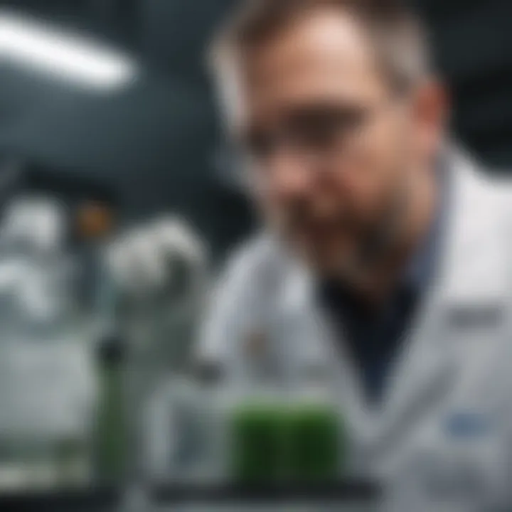 A scientist examining eco-friendly pesticide solutions in a lab