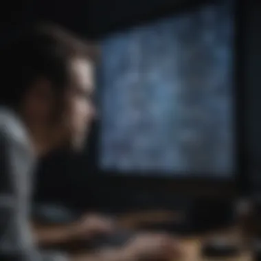 Data Analysis in Scientific Research A researcher analyzing data on a computer screen filled with complex algorithms