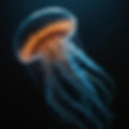 A stunning bioluminescent jellyfish illuminating the dark depths of the ocean.