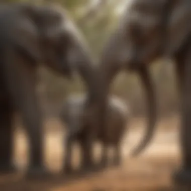 A matriarch teaching younger elephants essential survival skills.