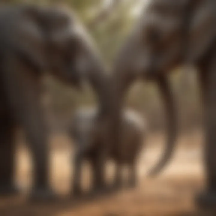 A matriarch teaching younger elephants essential survival skills.