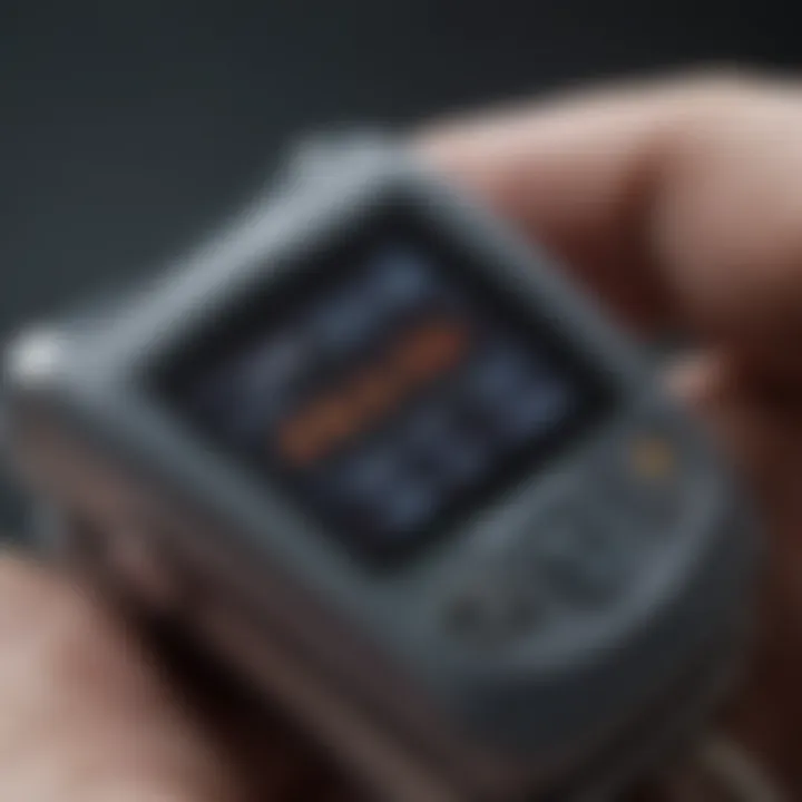 Close-up view of a digital oximeter displaying vital health statistics.