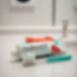 Close-up of high-fluoride toothpaste tube and toothbrush on a bathroom counter