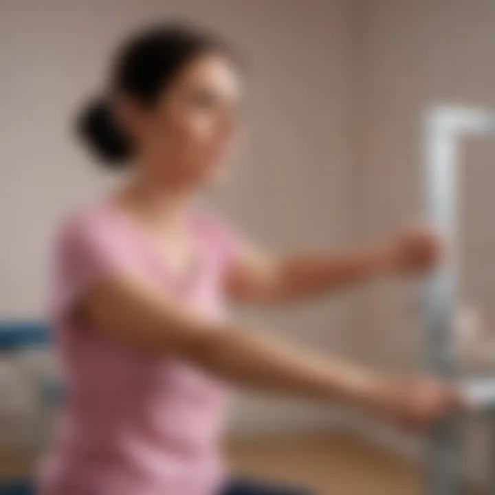 A serene environment showing a patient engaging in rehabilitation exercises to improve arm mobility and reduce pain.