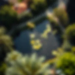 Aerial view of a stormwater pond in an urban setting surrounded by greenery