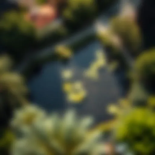 Aerial view of a stormwater pond in an urban setting surrounded by greenery